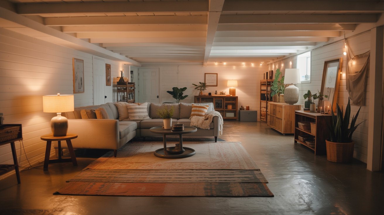 Basement featuring layered area rugs, cozy seating, warm lighting, and affordable modern farmhouse decor