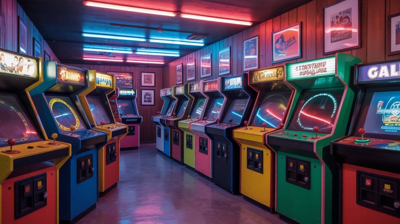 Retro arcade basement featuring vintage gaming machines, neon lighting, colorful decor, and nostalgic atmosphere.