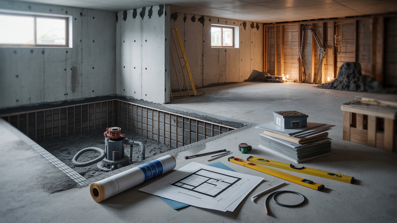 "Unfinished basement showing waterproofing egress window structural repairs and construction materials representing hidden and additional costs in basement finishing project"