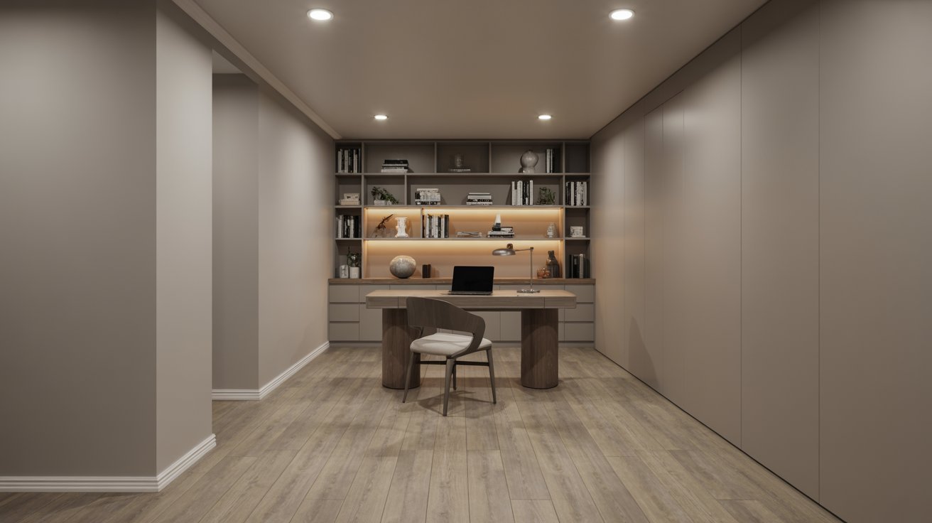 Finished basement home office with desk setup, shelving, lighting, and quiet modern workspace design.