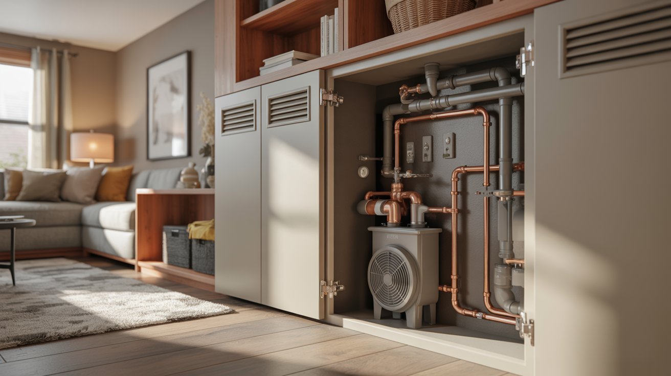 Hide sump pump in basement laundry nook.