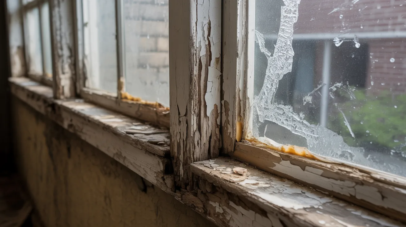 Damaged basement window with rot cracks and leaks showing common structural and moisture problems.