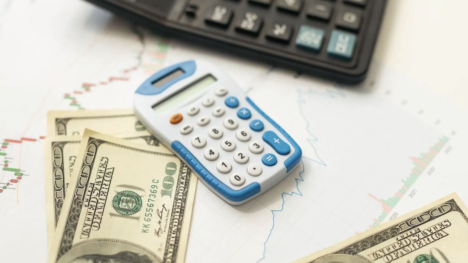Calculator with $100 bills on financial charts showing budgeting and cost planning for basement waterproofing