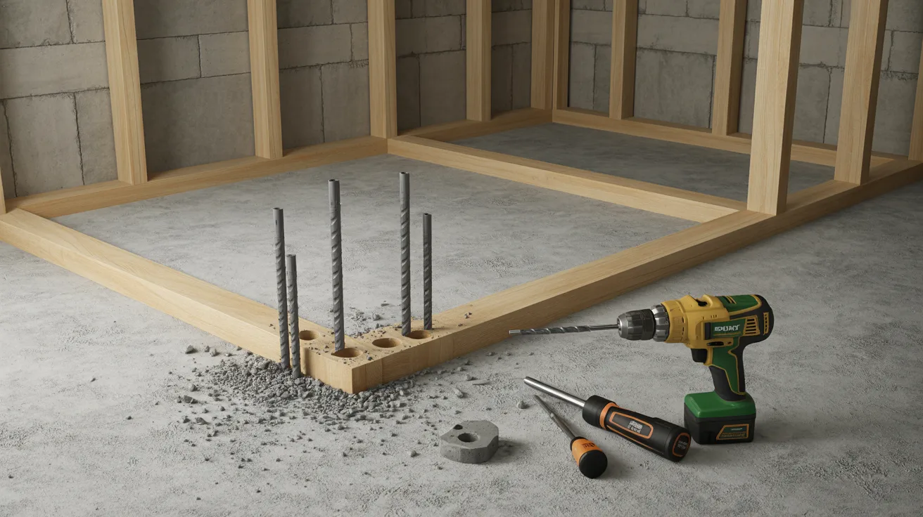 Holes drilled through the bottom plate into concrete for floating wall spikes.