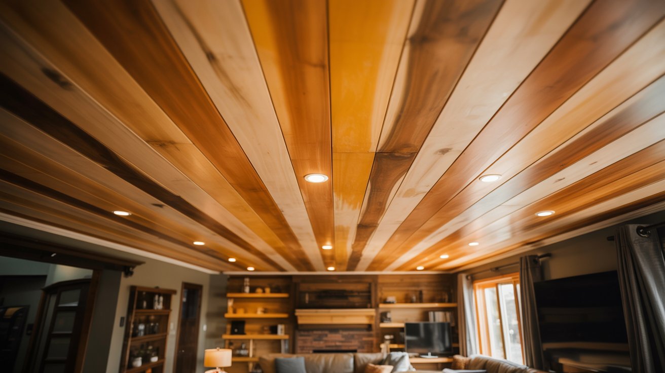 Warm-toned wood plank basement ceiling with varied stains and recessed lights over a cozy living space.
