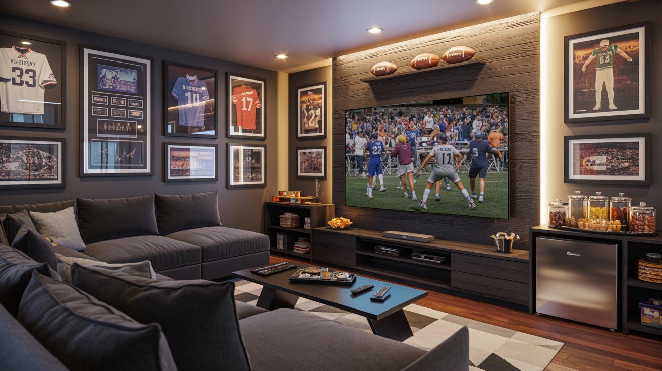 Sports basement lounge with large TV, sectional seating, memorabilia, and game-day entertainment atmosphere