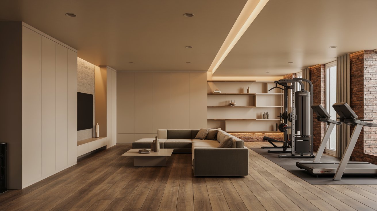 Stylish finished basement with cozy seating, home gym, smart storage, warm lighting, and modern multifunctional layout