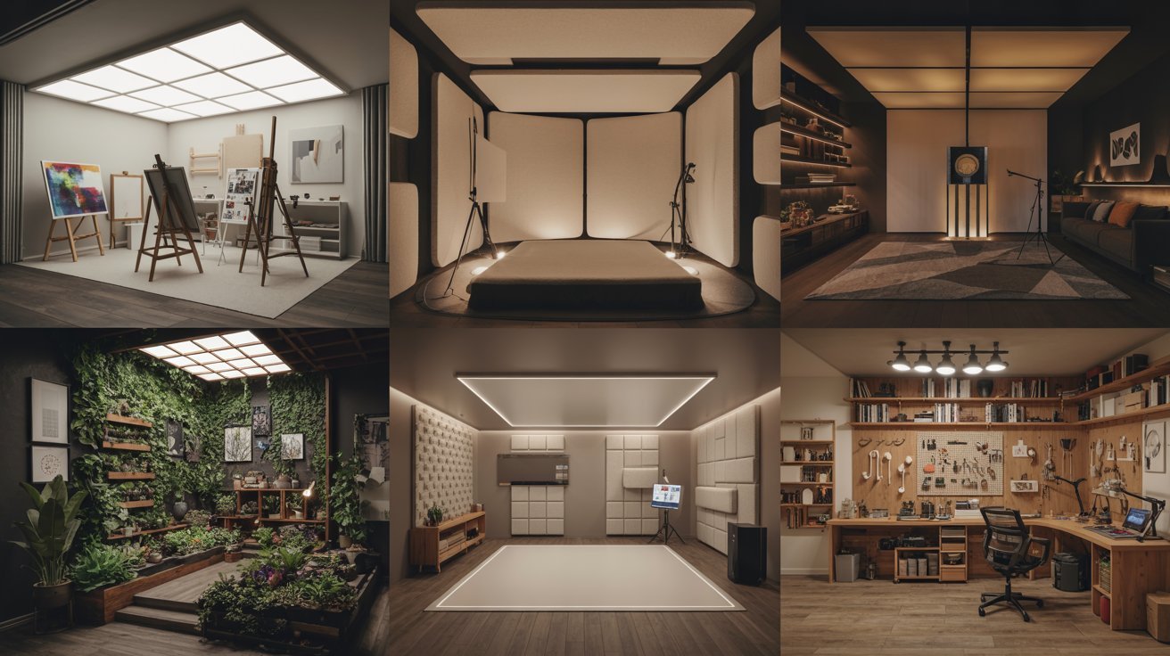 "Collage of creative modern basement spaces including art studio, podcast room, dance studio, plant room, workshop, and streaming setup."