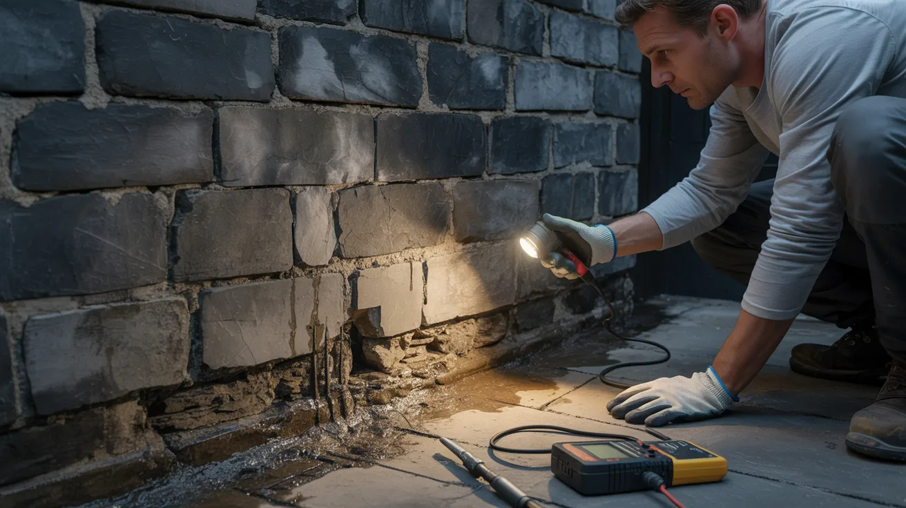 Homeowner inspecting stone basement walls and floor joints for moisture, cracks, and seepage before waterproofing.