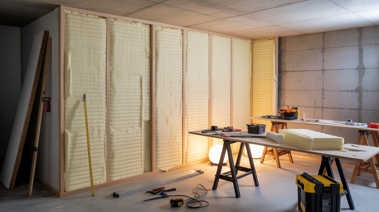 Basement with foam insulation panels, warm lighting, and affordable energy-efficient renovation setup