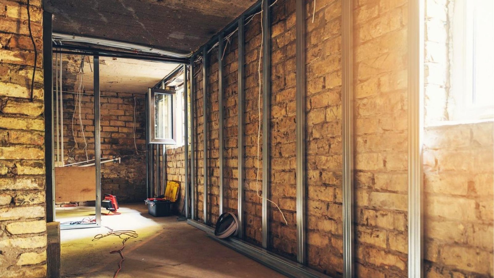 Basement renovation in progress with exposed brick walls, new metal stud framing installed, open window, tools, and construction materials on floor.