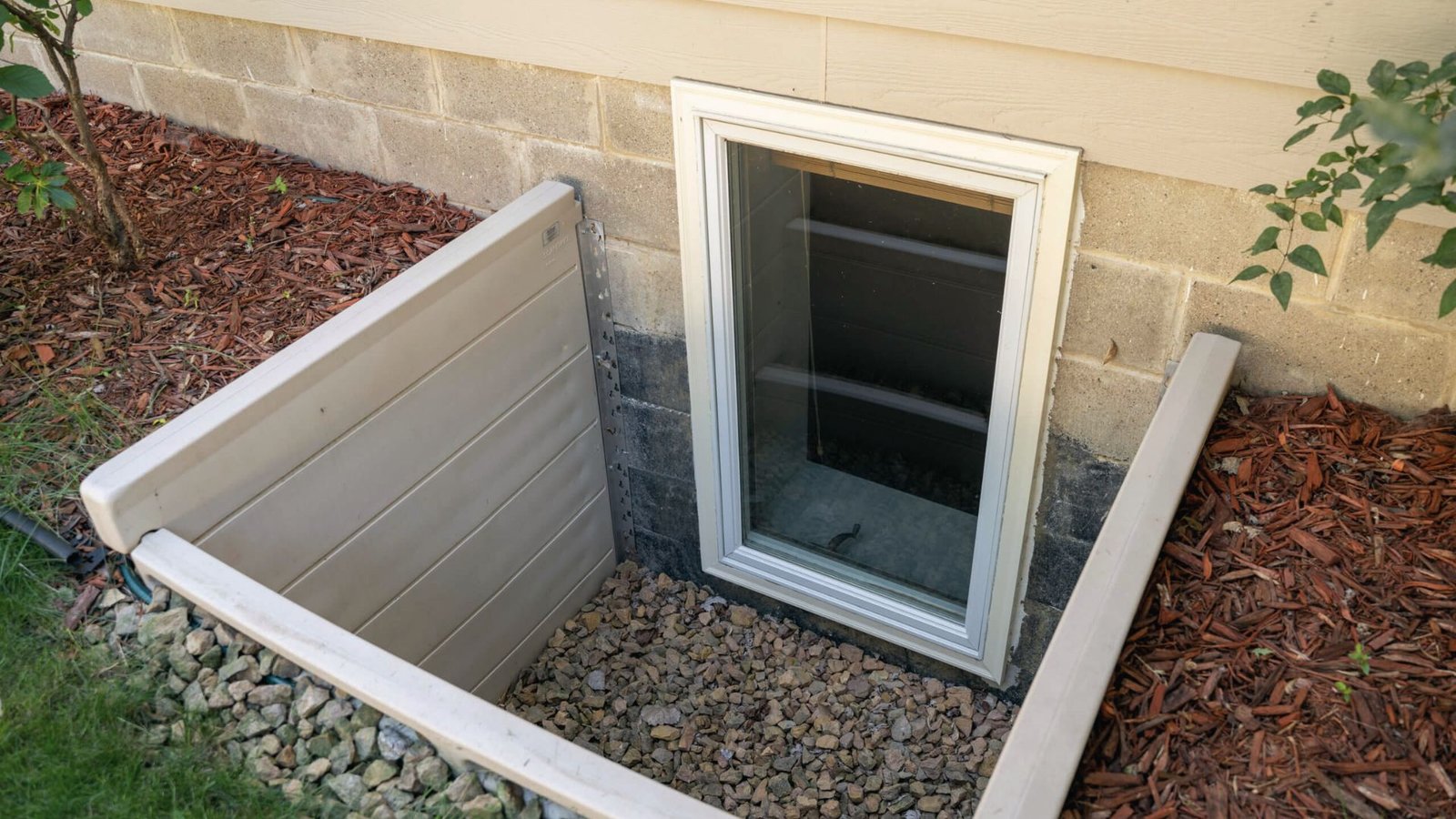 Finished basement egress window with composite well and gravel base for drainage and emergency exit.