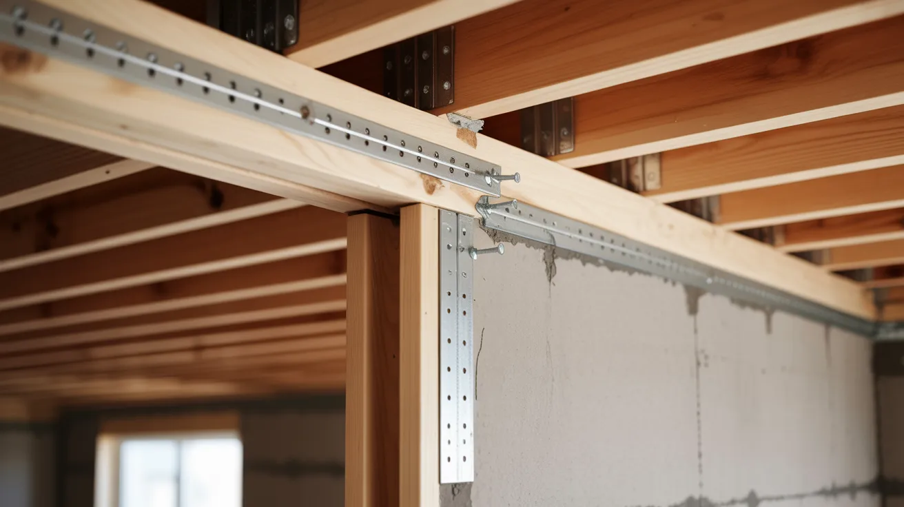 Floating basement wall secured to the ceiling top plate with framing fasteners.