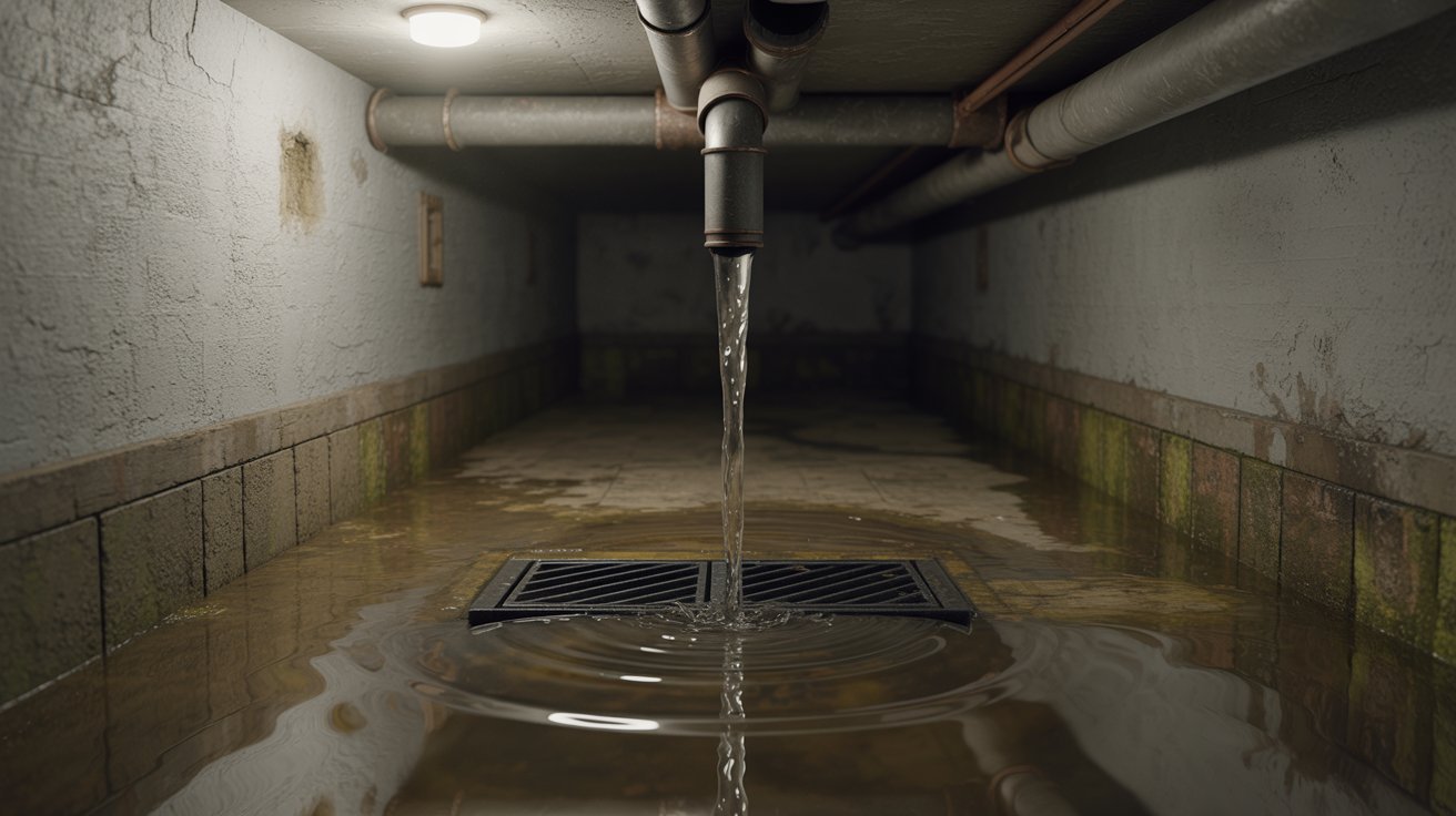 "Standing water backing up from a basement floor drain in a realistic residential basement setting."