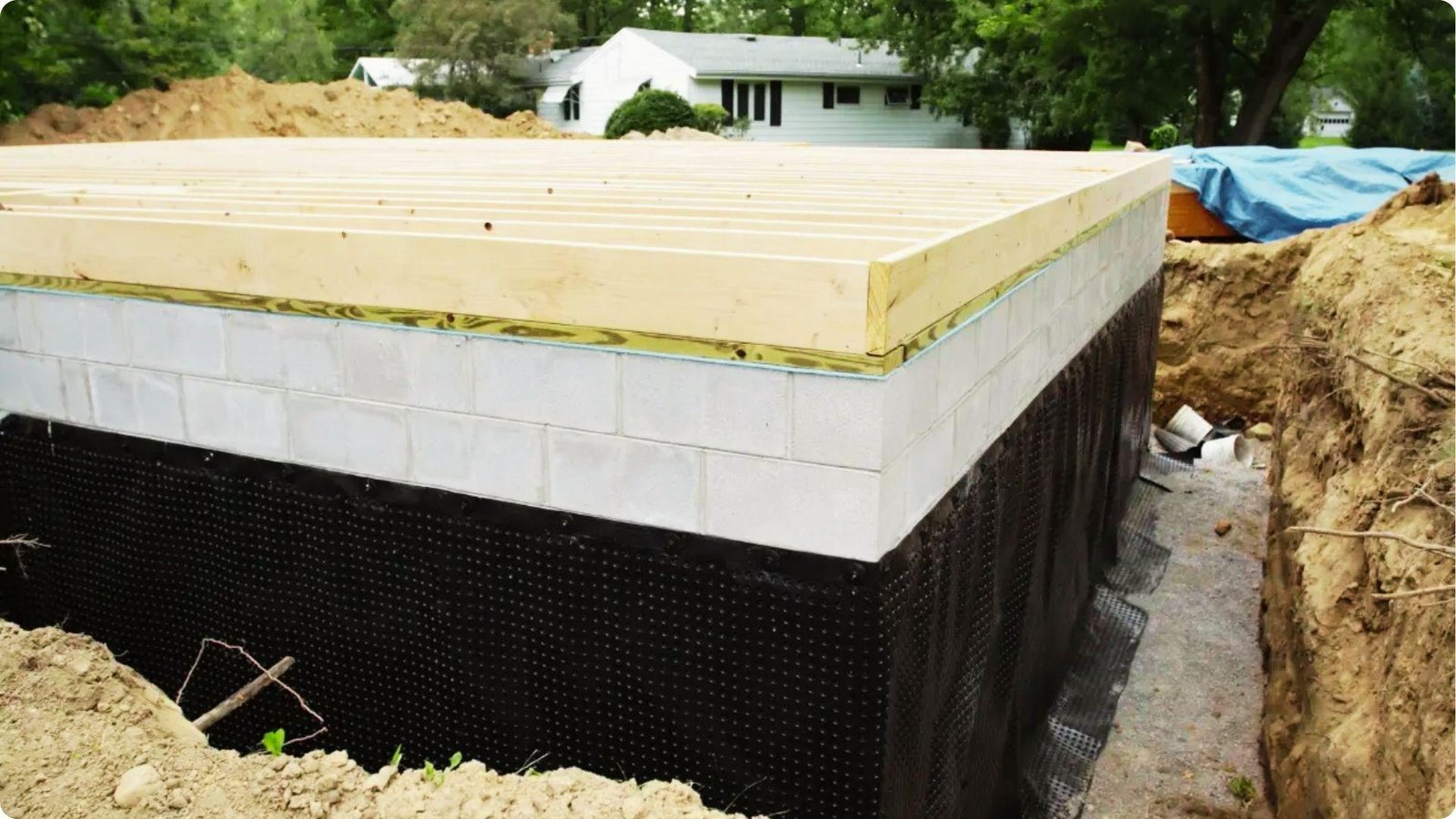 New home foundation with black dimpled drainage membrane installed on exterior basement walls before backfill.