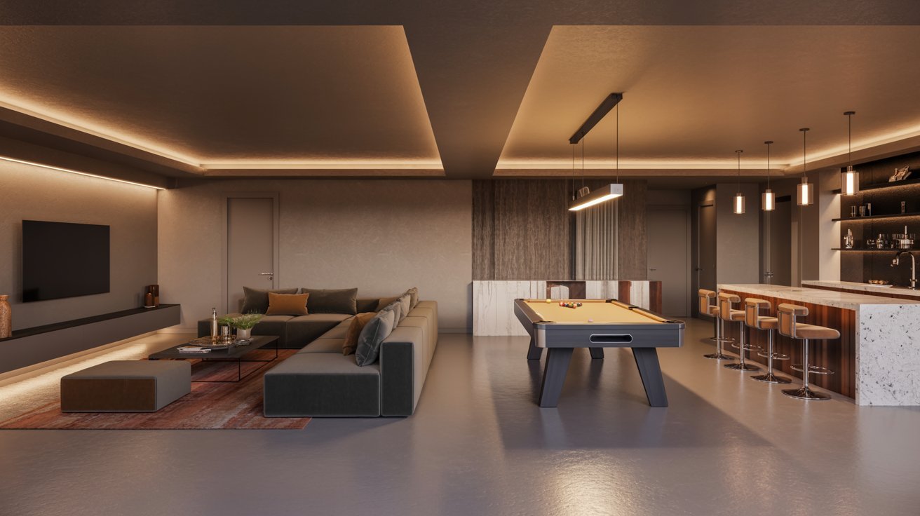 "Modern basement entertainment space with smart zoning, TV area, game zone, and bar area in an open contemporary layout."