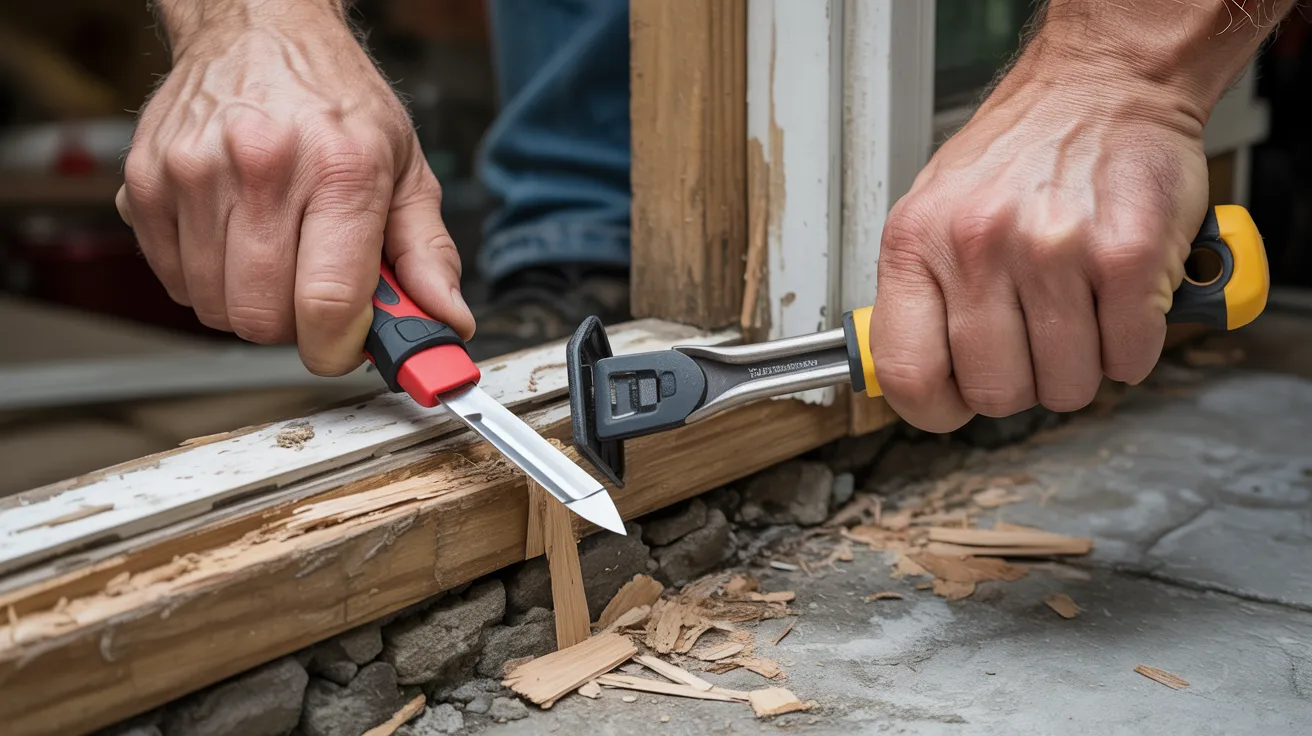 Removing damaged wood and old coverings from basement window frame using pry bar and utility knife during repair process.