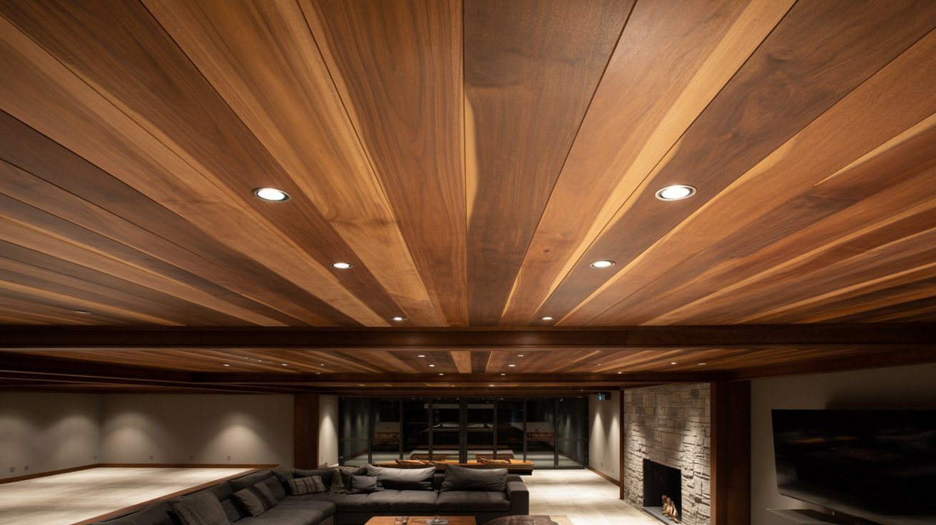 Rich wood plank ceiling with recessed lights warms up a modern basement lounge and fireplace area.