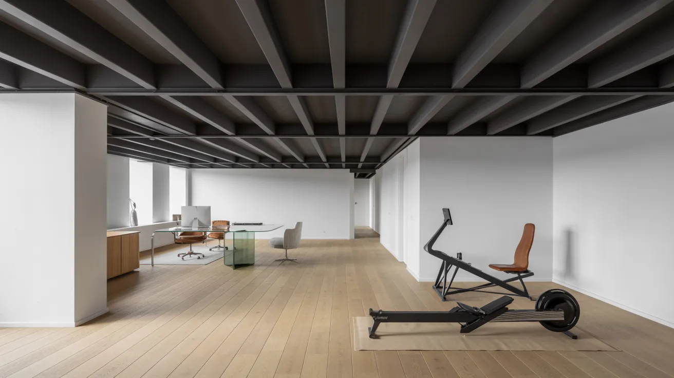 Modern basement with a black ceiling, white walls, light wood floors, and minimalist decor.