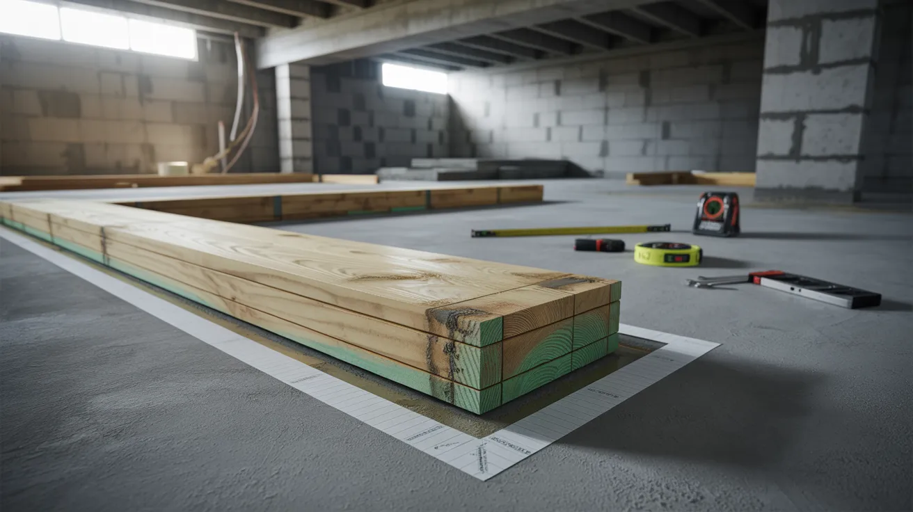Pressure-treated bottom plate placed on a concrete basement floor along a chalk guideline in an unfinished basement.