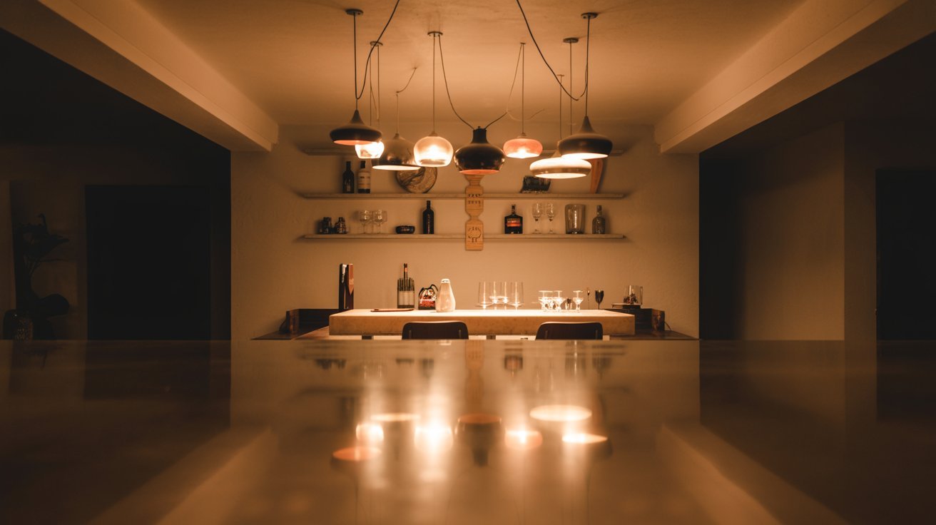 "Cozy basement bar with warm pendant lights above the counter, soft ambient lighting, and stylish modern home interior design"