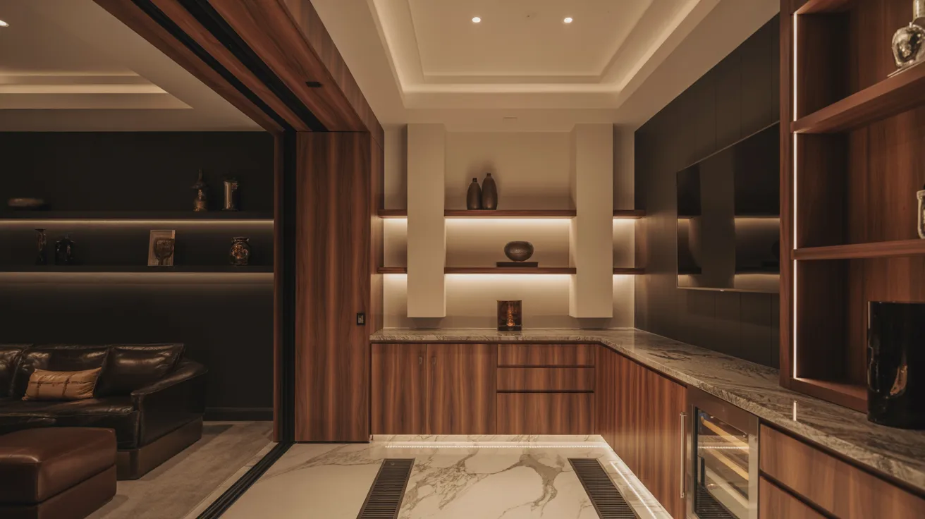 Realistic luxury basement with premium finishes, built-in storage, and elegant modern high-end design.