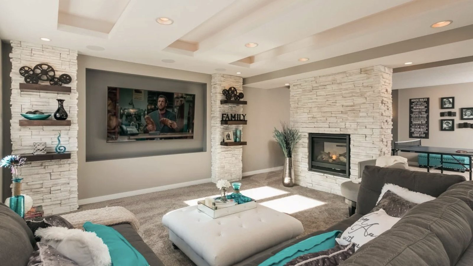 Stone fireplace walls with built-ins can conceal a sump pump behind custom cabinet doors.