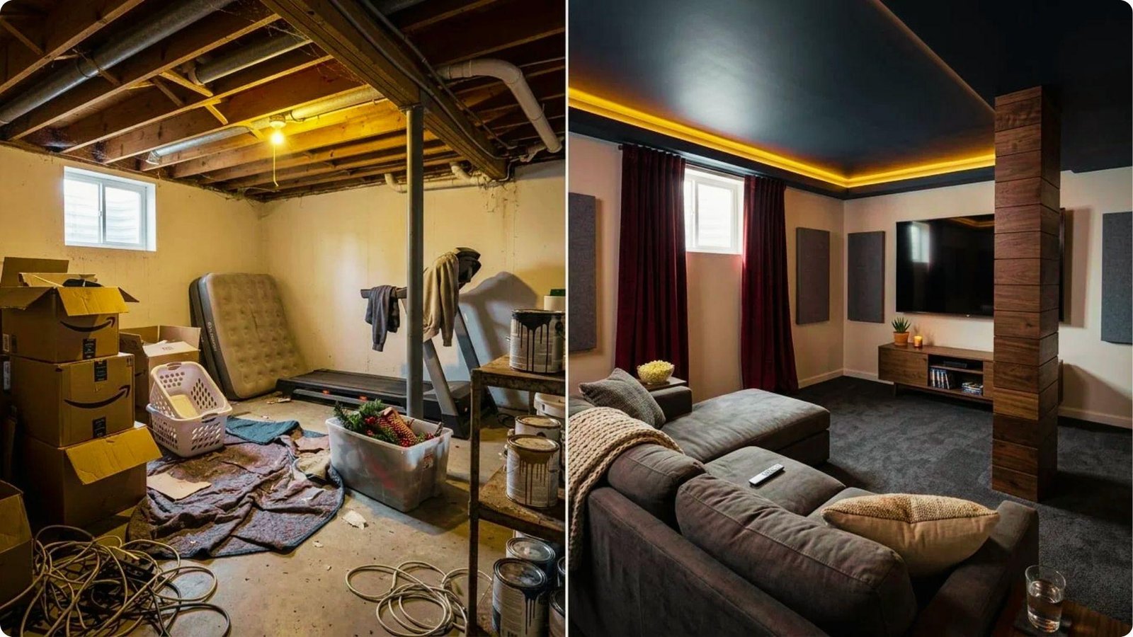 Before and after a cluttered basement with low beams turned into a sleek home theater with LED lighting and sectional.