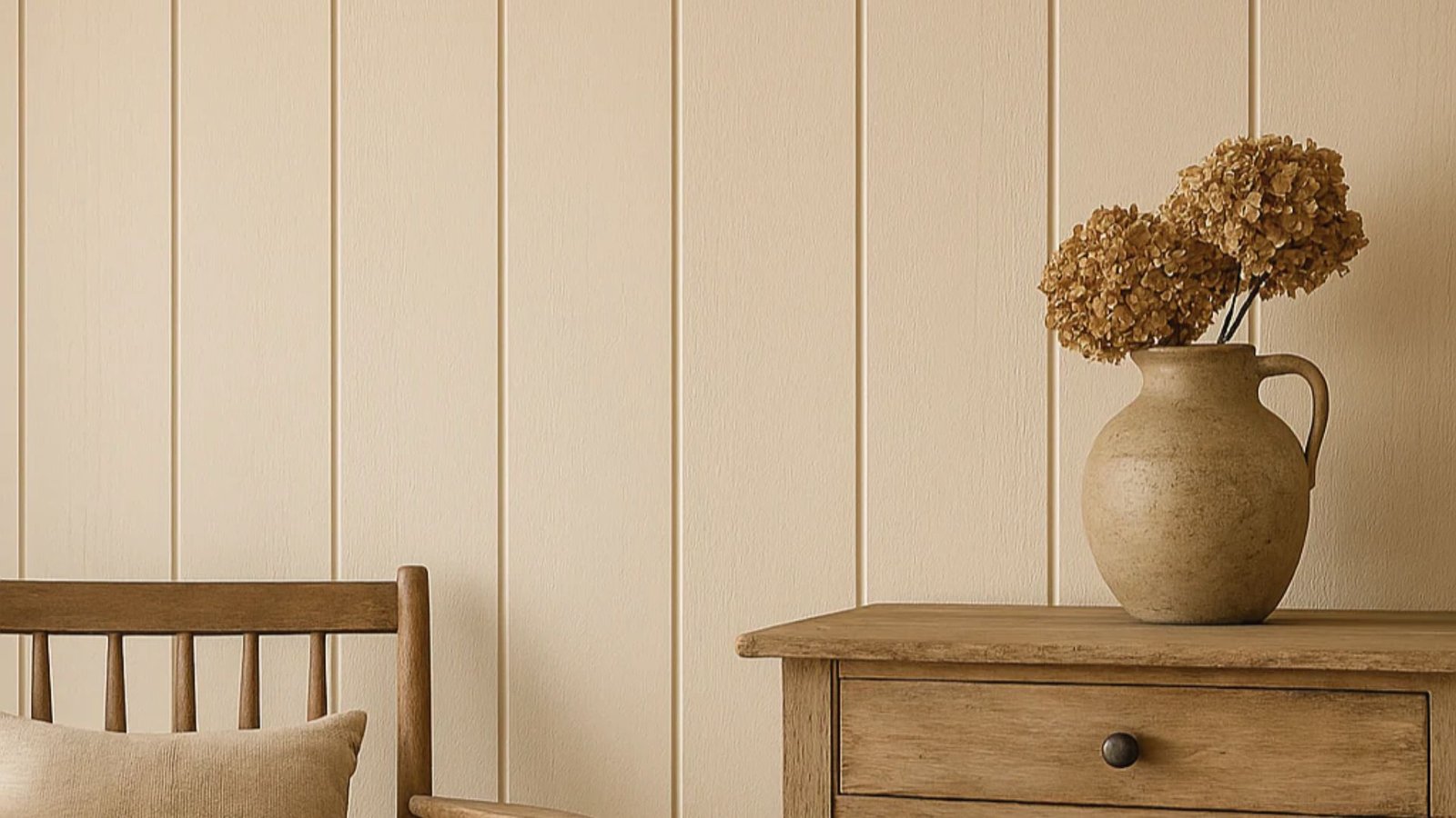 Beige panel wall and wood cabinet conceal sump pump inside vented furniture base drawer.