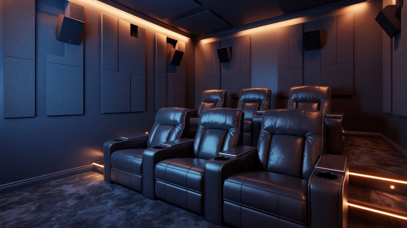 "Dark modern basement cinema with plush seating, charcoal walls, ambient lighting, and immersive home theater design."