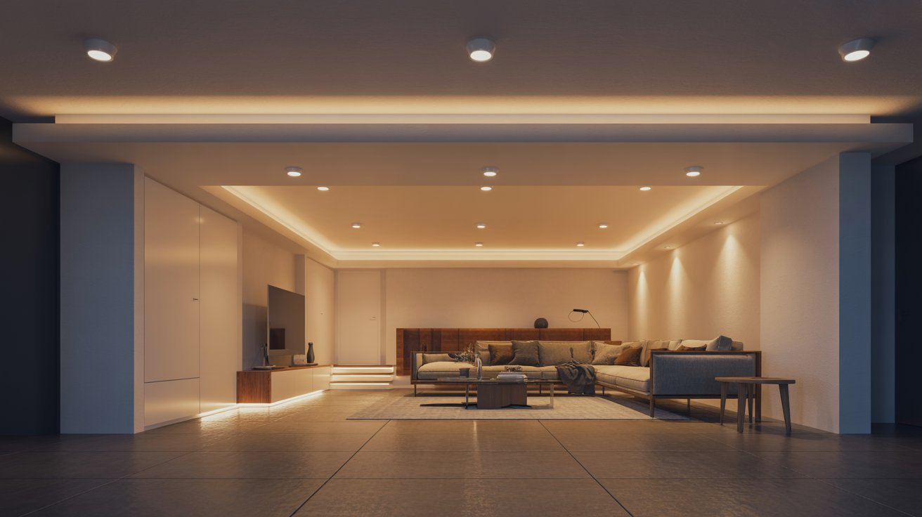 Bright basement with recessed LED lighting, cozy seating, and affordable modern renovation design