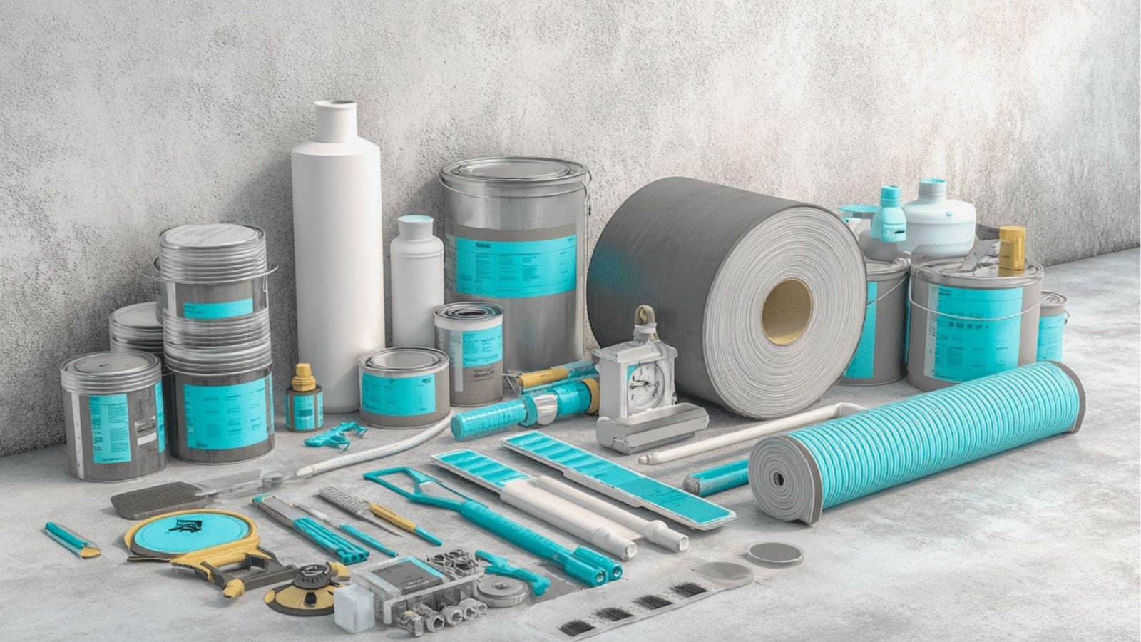 Assorted waterproofing supplies including sealant cans, membranes, rollers, and brushes laid out on a concrete floor.