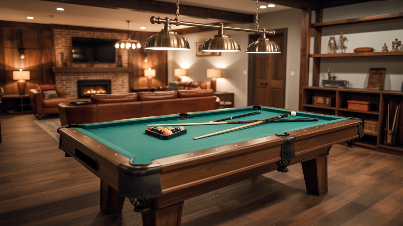 Basement game room featuring pool table, pendant lighting, cozy seating, and modern entertainment decor.