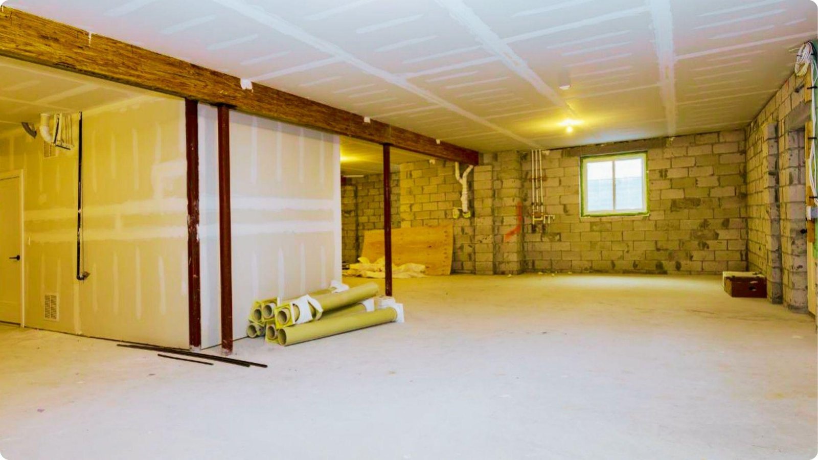 Basement under renovation with new drywall ceiling and unfinished block walls.