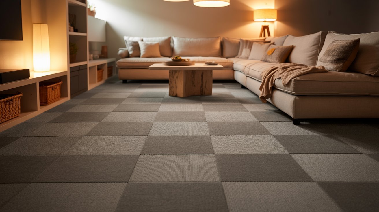 Cozy basement with carpet tiles, soft seating, warm lighting, and comfortable budget-friendly interior design