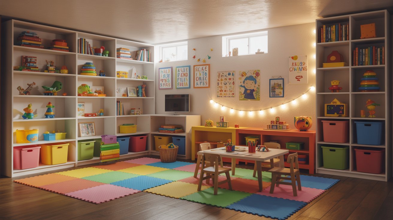 Colorful basement playroom with built-in storage, soft flooring, craft area, and playful family-friendly design.