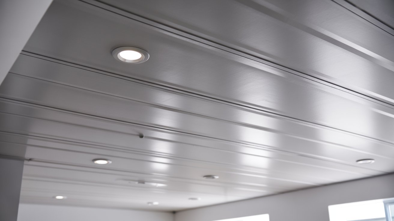 Sleek white tongue-and-groove panels with recessed lights on a basement ceiling.