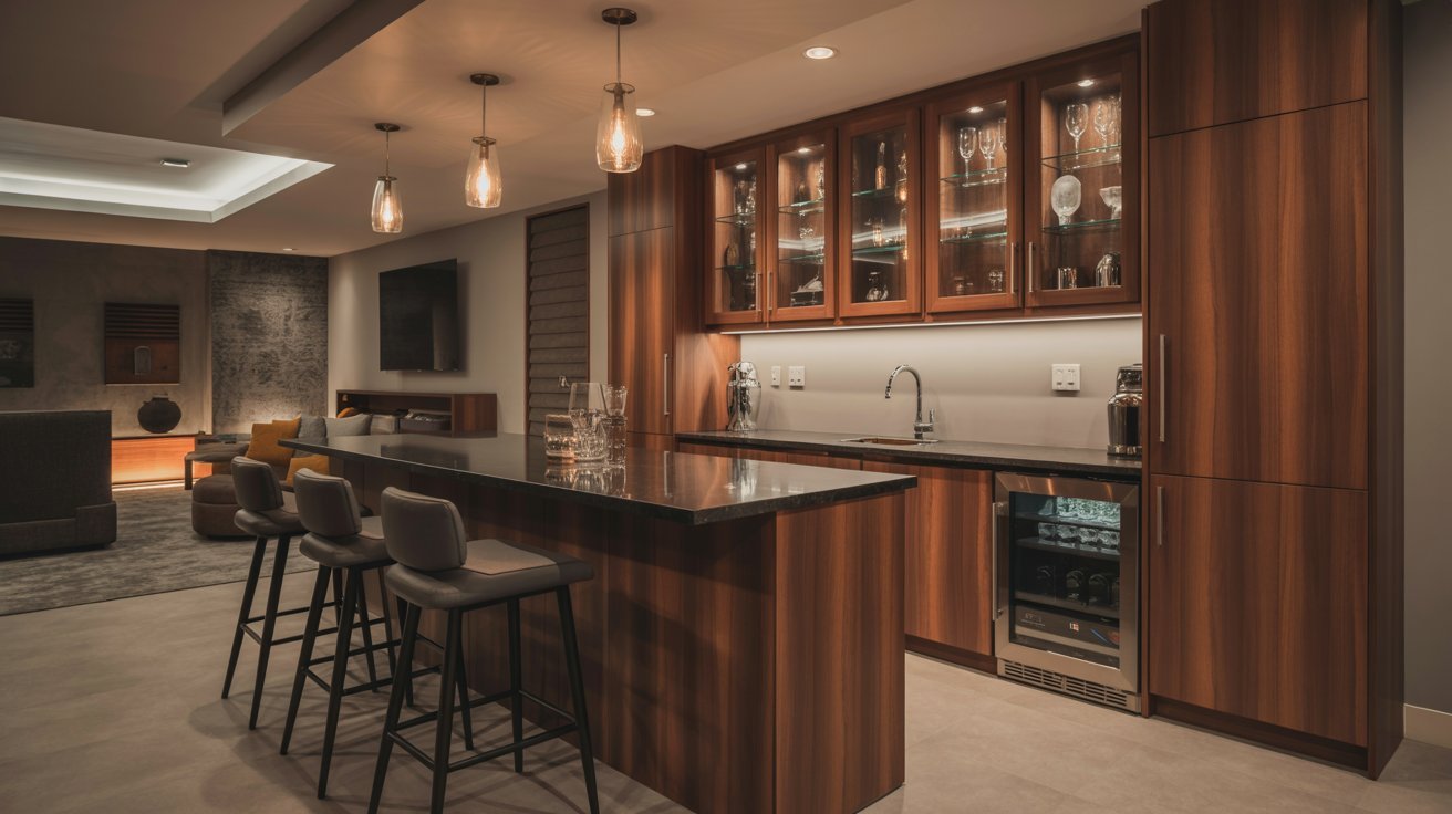 Modern basement wet bar with stylish stools, pendant lighting, sleek counters, and elegant entertaining design.