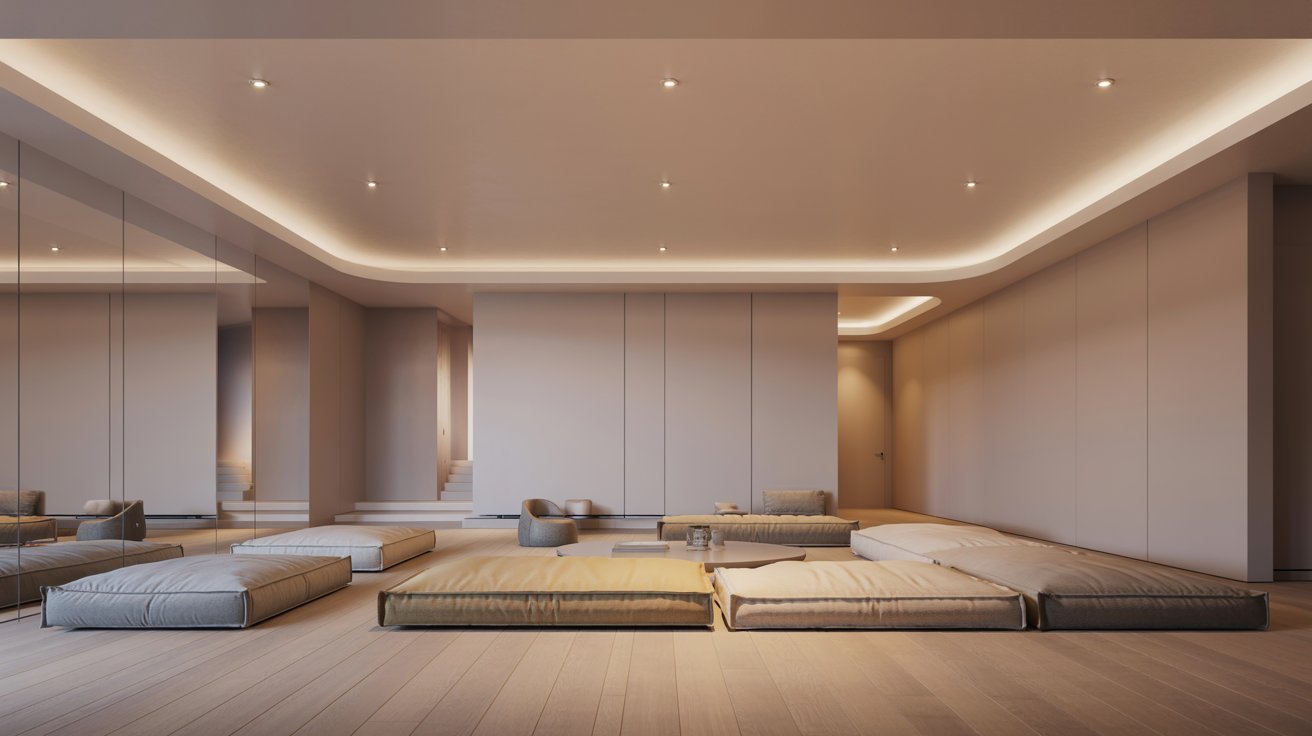 "Modern low ceiling basement with low seating modular furniture and minimalist design creating an open airy and flexible living space"