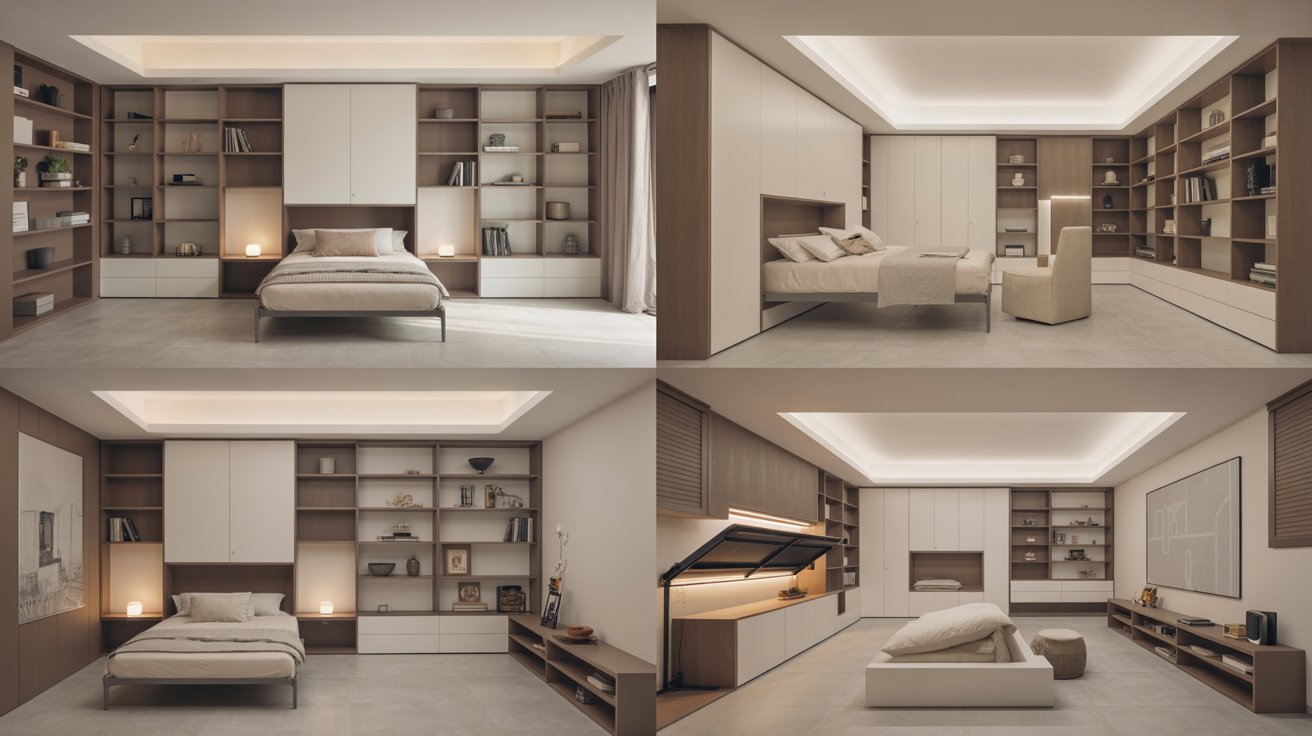 "Collage of compact basement designs featuring vertical storage, foldable furniture, mirrors, LED lighting, and minimal open layouts."