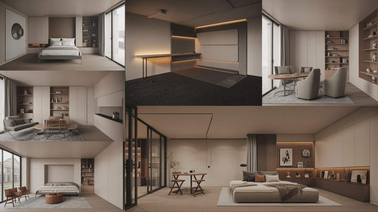 "Collage of functional multi-use basement designs featuring office guest room, gym study combo, modular seating, storage solutions, and flexible modern layouts."