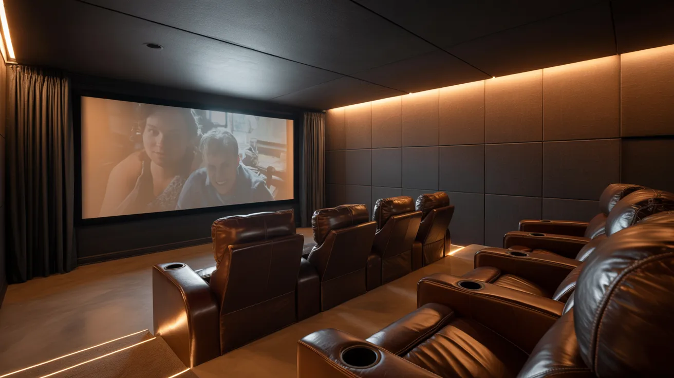 Modern basement theater room with a black ceiling, projector screen, and dim recessed lighting.