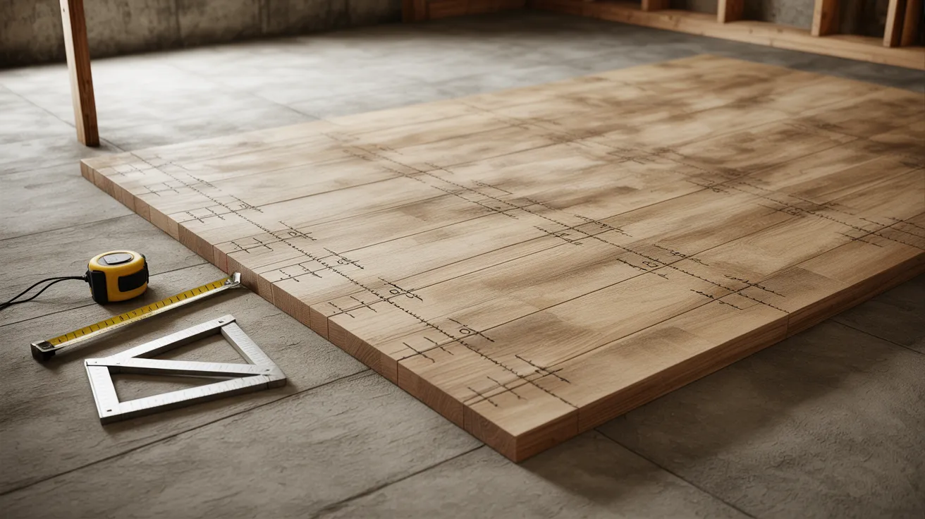 Wooden bottom plate marked with stud layout spacing for floating basement wall framing.