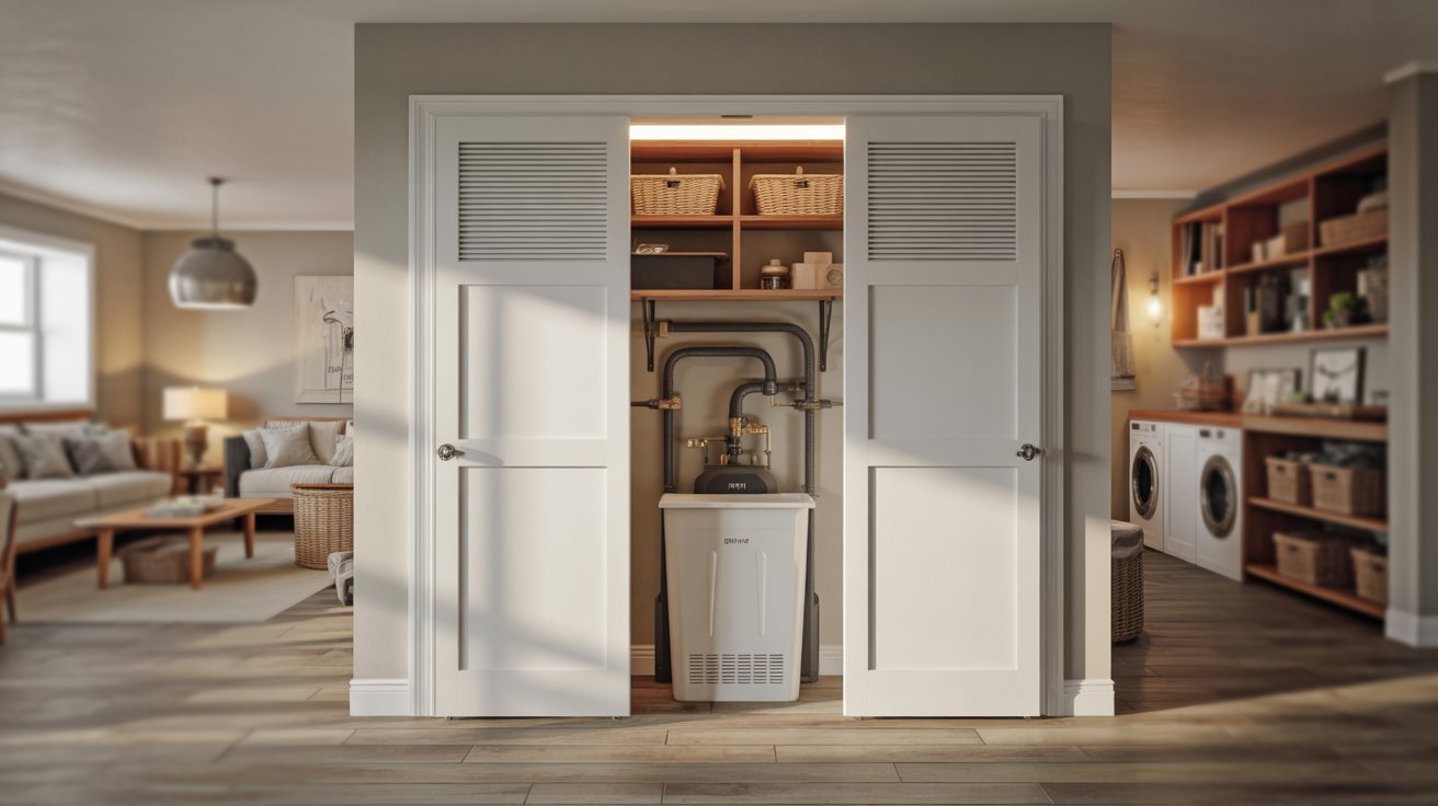 Louvered closet doors hide basement sump pump and pipes beside washer and living space