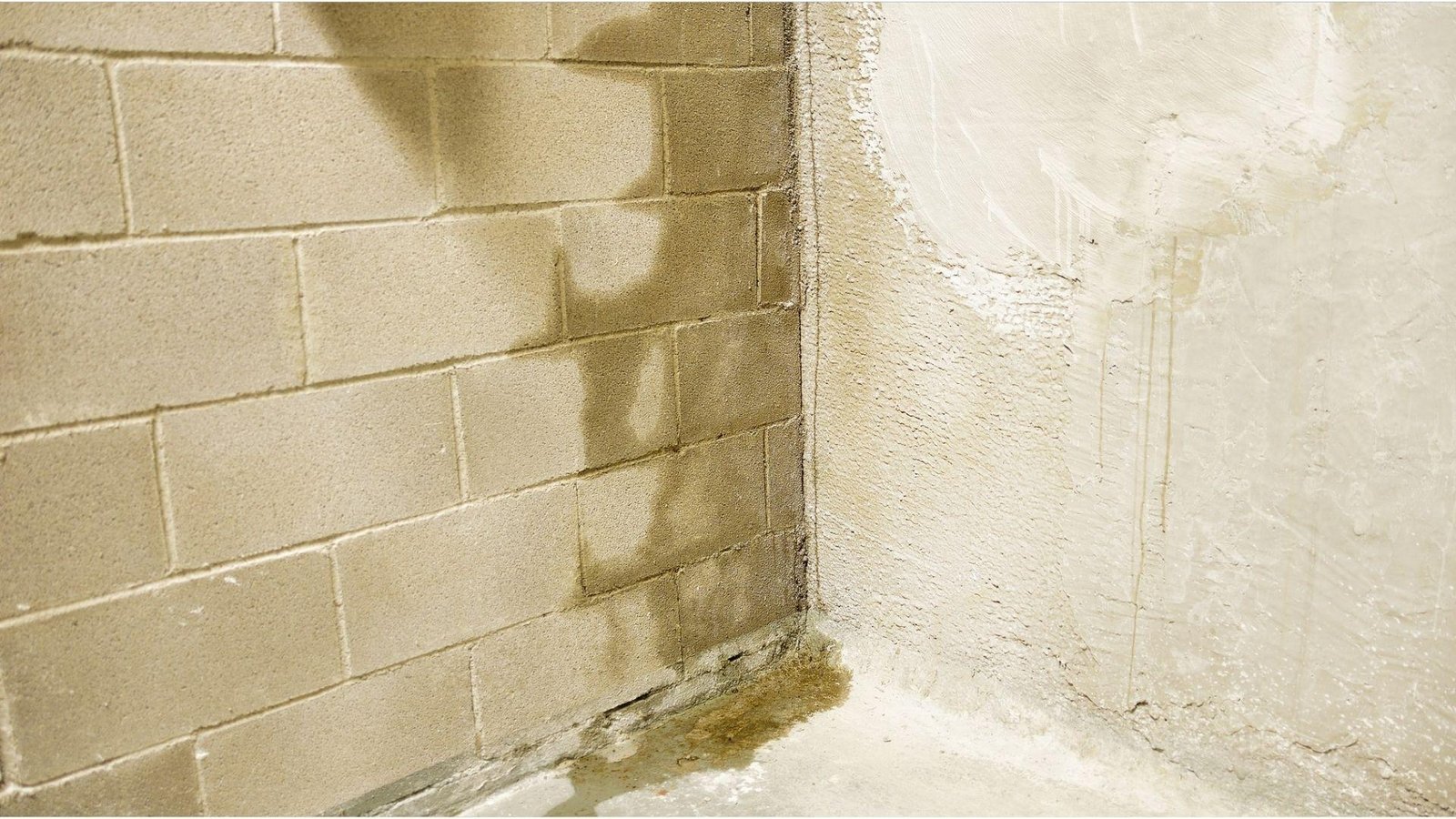 Water stains on concrete block basement walls showing why stone basement waterproofing prevents leaks and damage
