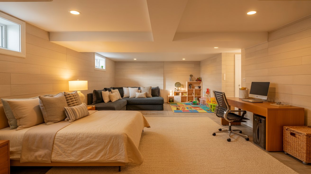 Renovated Long Island basement with guest room, office space, kids area, and modern energy-efficient design.