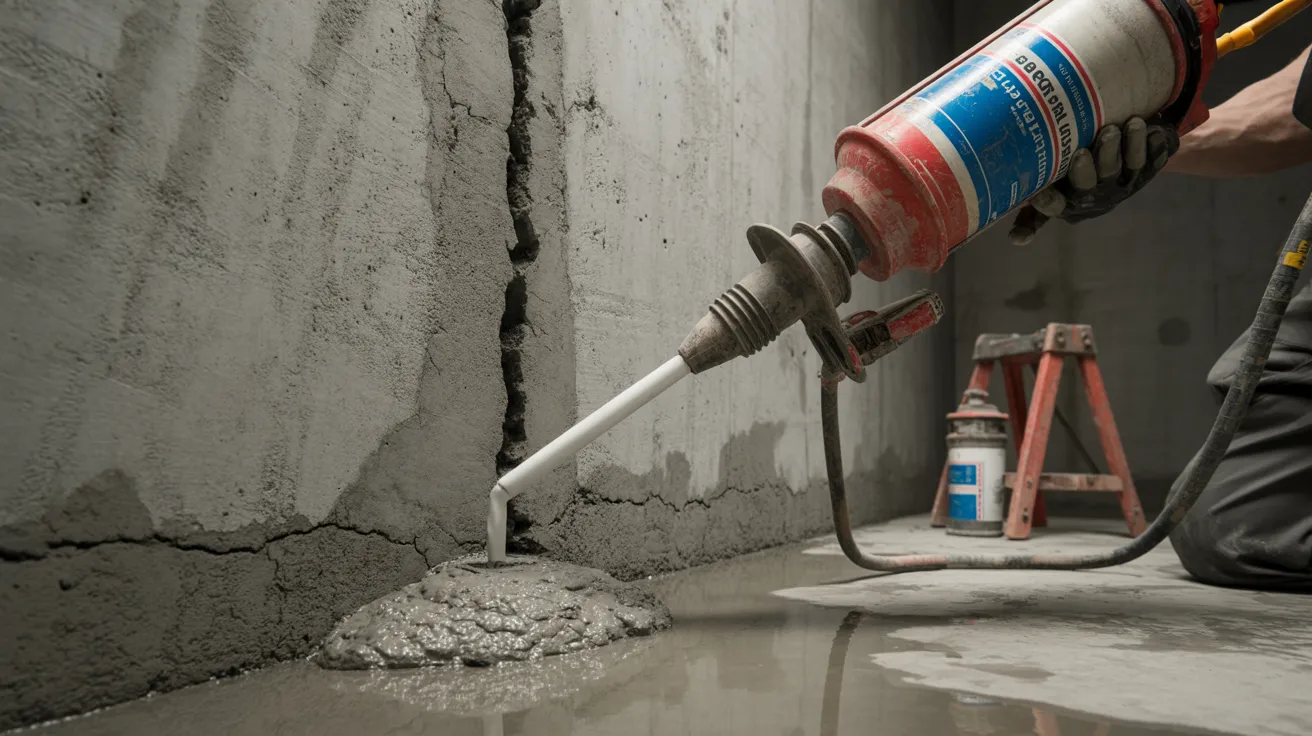 Hydraulic cement sealing an active water leak in a basement wall crack.