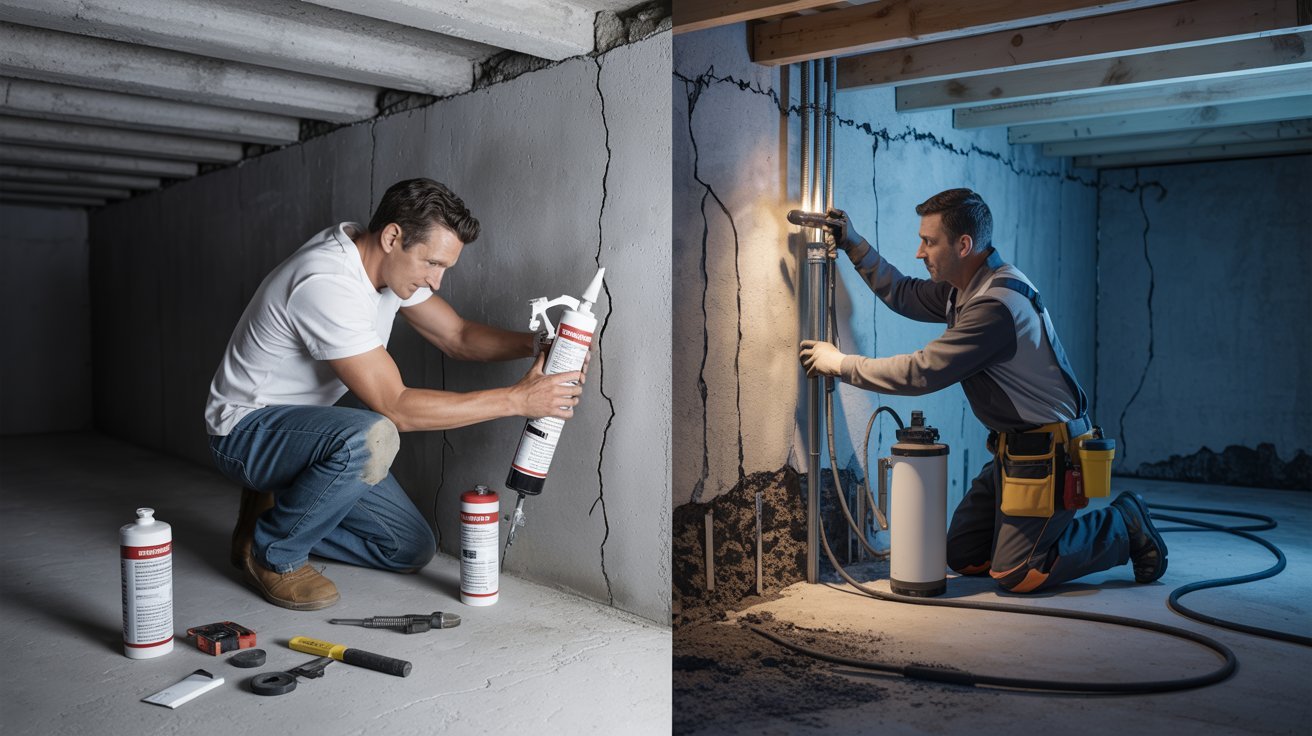 DIY basement crack sealing compared with professional waterproofing repair and contractor moisture inspection work