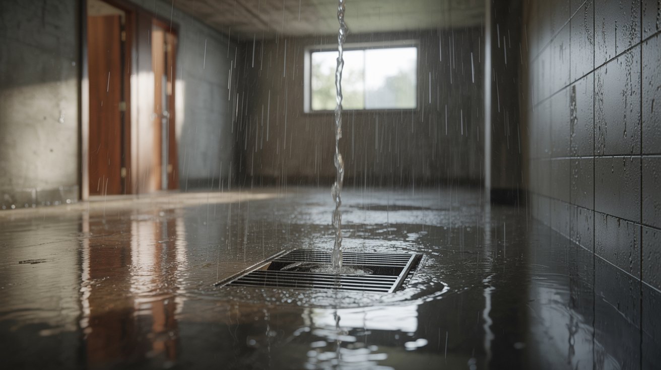 "Flooded basement interior with water spreading toward floor drain during heavy rain, highlighting drainage system handling water accumulation."