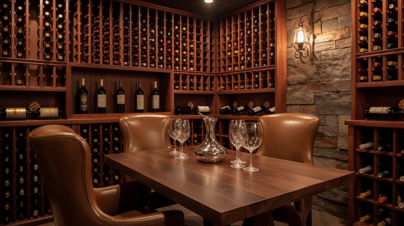 Elegant basement wine cellar with tasting corner, warm lighting, wine racks, and refined sophisticated atmosphere.